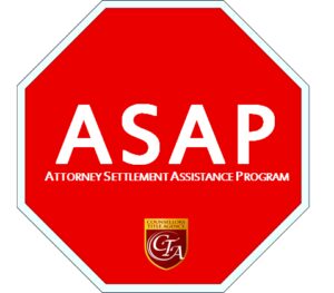 Red octagonal logo with ASAP and legal theme.
