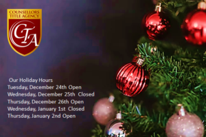 Christmas and New Year holiday hours displayed with festive decorations.