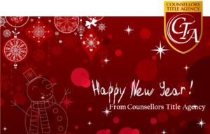 Festive Happy New Year greeting card with snowflakes and ornaments.