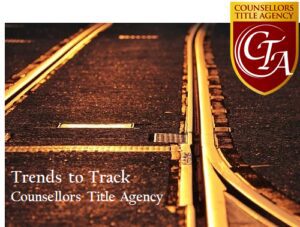 Close-up of railway tracks with warm lighting and a title agency logo.