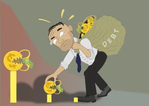 A man struggles under a heavy debt bag while collecting coins.
