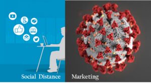 Illustration contrasting social distancing and marketing during COVID-19.