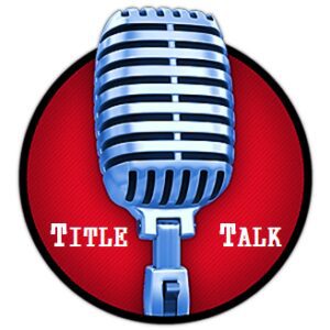 A vintage microphone with 'Title Talk' text on a red circular background.