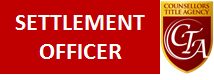 Close-up of a sign reading 'Settlement Officer' with part of a shield emblem.