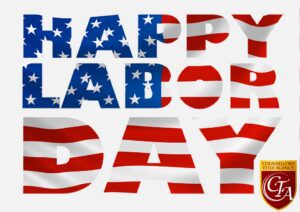 Happy Labor Day text with American flag design.