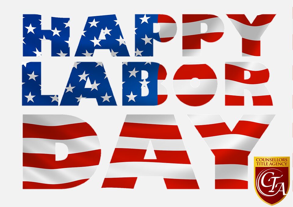 Happy Labor Day text with American flag design.