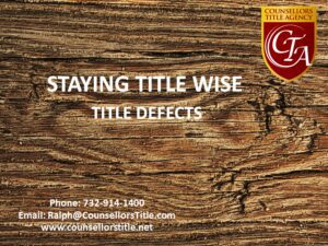 An advertisement for title defect services with contact information on a wooden background.