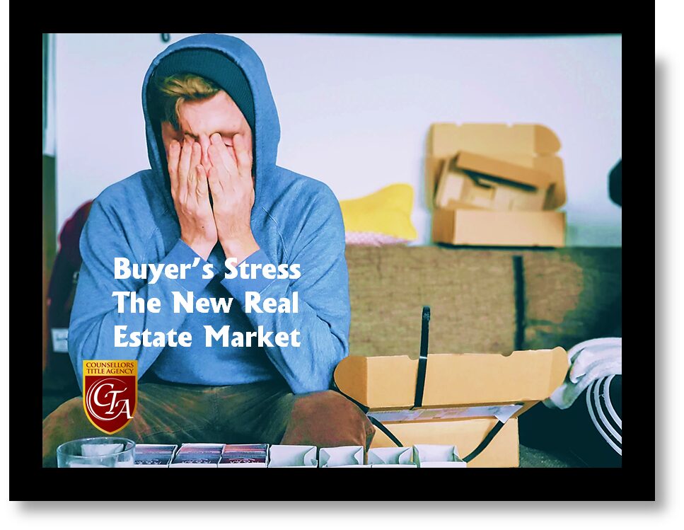 A stressed man sitting outdoors with real estate market text overlay.