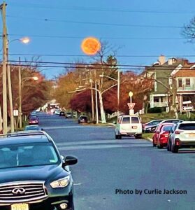 A bright orange sun setting over a suburban street lined with parked cars.