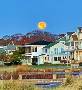 Full moon rising over charming suburban homes with autumn trees.
