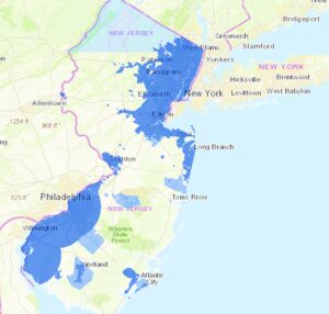 Map showing flood-prone areas around New York and New Jersey.