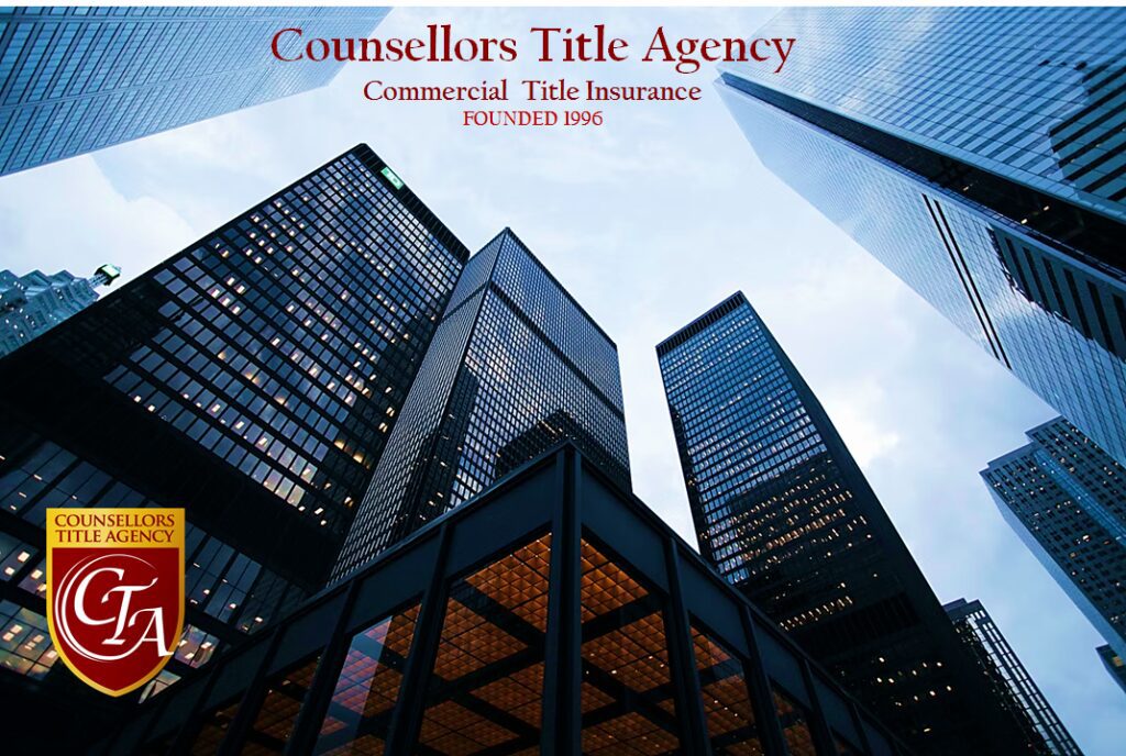 Tall commercial buildings under a cloudy sky with Counsellors Title Agency logo.