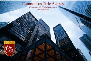 Tall commercial buildings under a cloudy sky with Counsellors Title Agency logo.