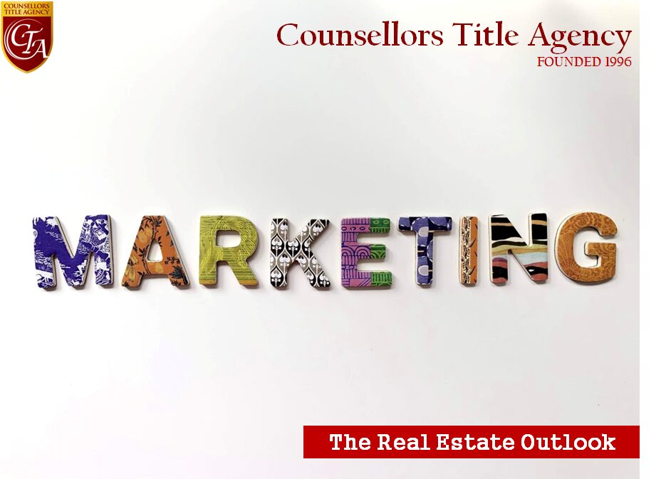 Creative 'MARKETING' text with real estate theme and title above.