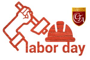 Graphic showing a hand holding a hammer and a construction helmet with 'Labor Day' text.