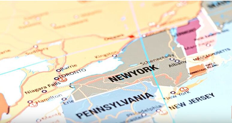 Close-up of a map showing New York and Pennsylvania.