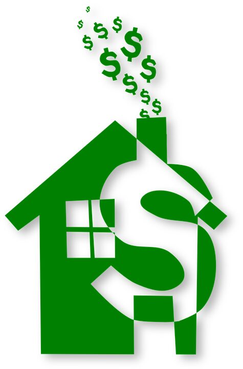 Green house with dollar signs symbolizing financial growth.