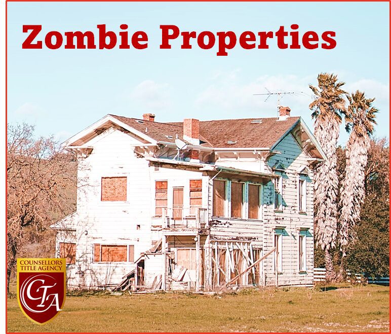 An old, abandoned house labeled as a 'Zombie Property.'