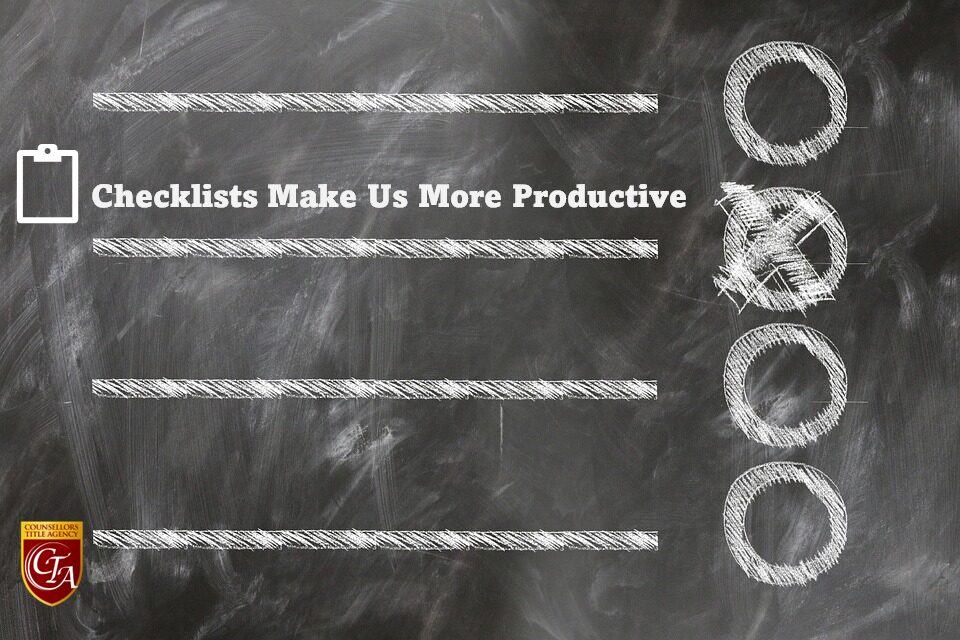 Chalkboard with the phrase 'Checklists Make Us More Productive' and checkboxes.