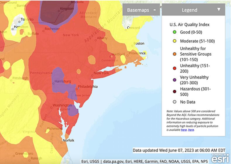 Map showing air quality levels across the Northeastern United States.