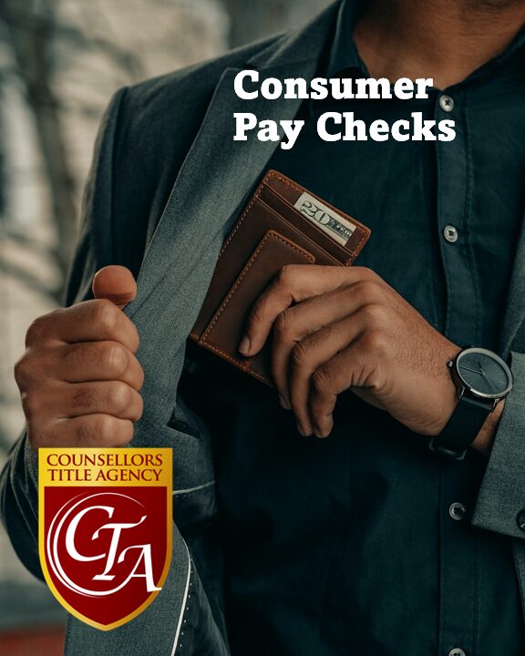 Man placing a check into his wallet with text about consumer payments.