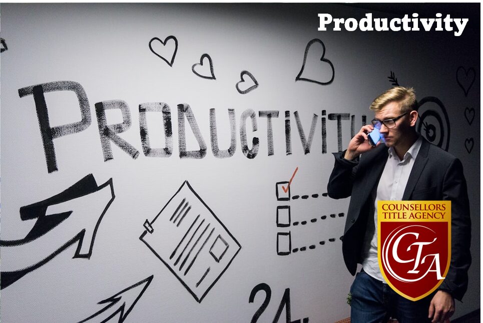 Man on phone with productivity-themed graphics in background.