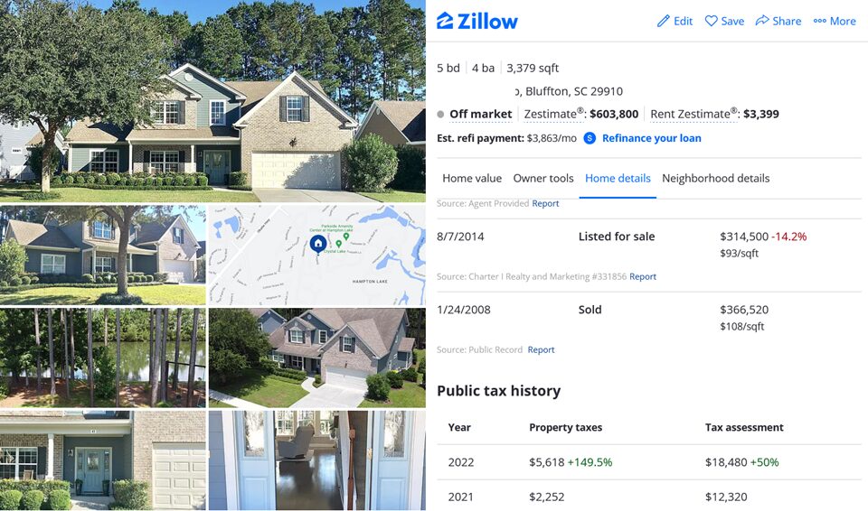 A spacious 4-bedroom, 4.5-bath home with 3,000 sq ft in Bluffton, SC, listed at $849,000.