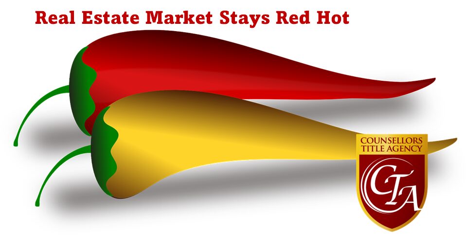 A colorful abstract graphic with text about a hot real estate market.