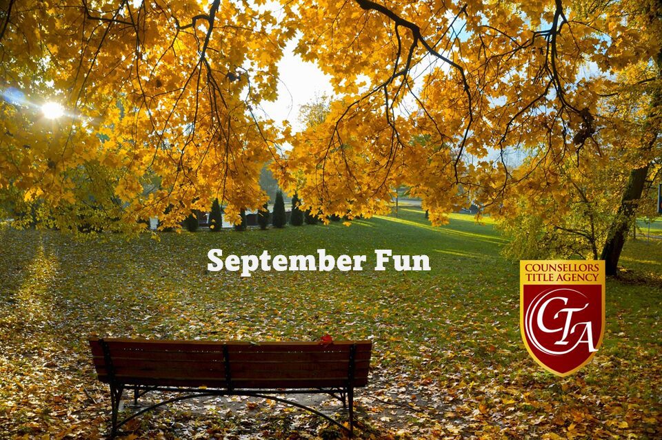 Autumn park scene with golden leaves and a bench, titled 'September Fun'.