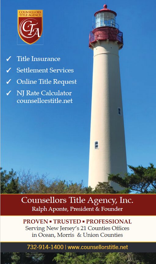 A white lighthouse with sky background and text promoting Counsellors Title Agency services.