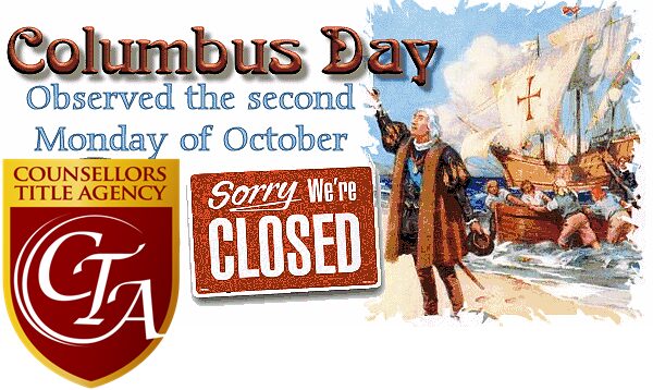 Columbus Day observance with closed sign and historical imagery.