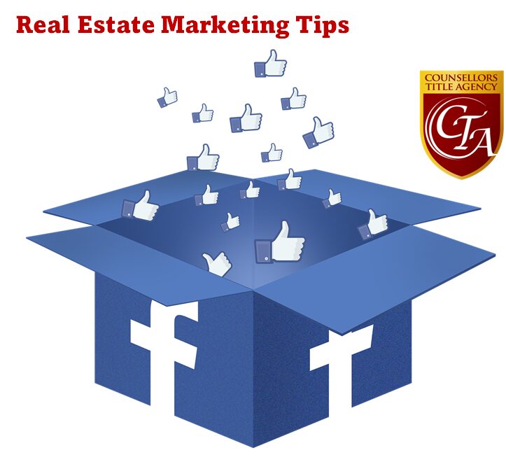 Facebook-themed real estate marketing tips with thumbs-up icons.