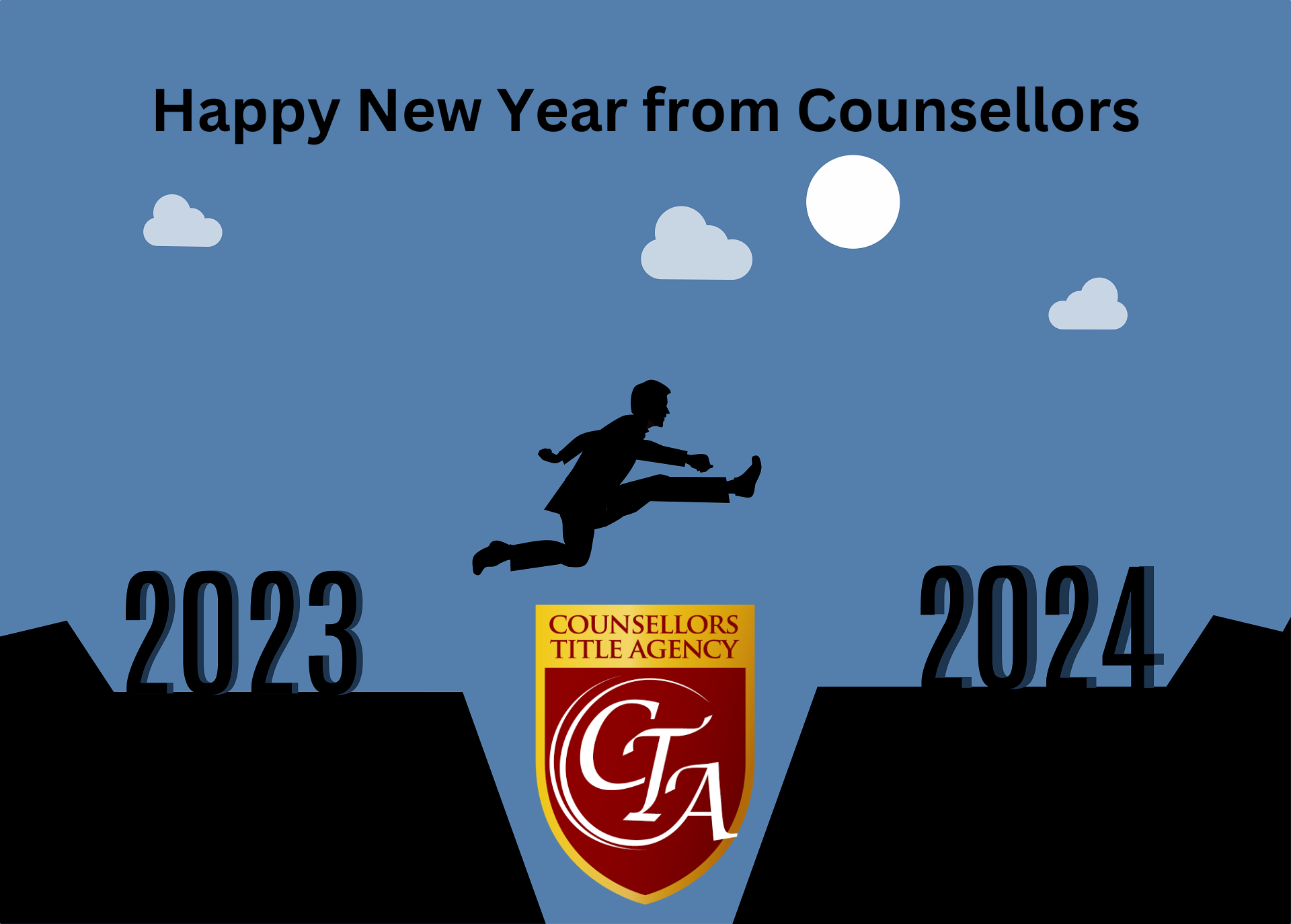 A New Year greeting with a silhouette jumping over a gap and Counsellors CTA logo.