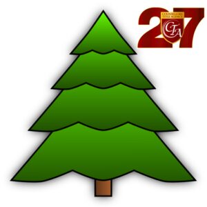 A simple green Christmas tree with a brown trunk and a red logo in the corner.