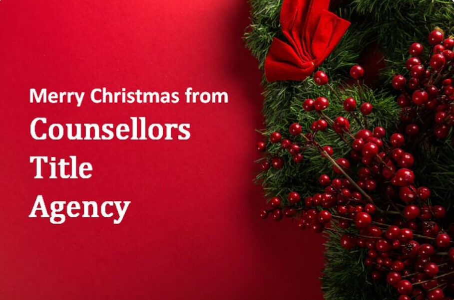 Festive Christmas wreath with a holiday greeting on red background.
