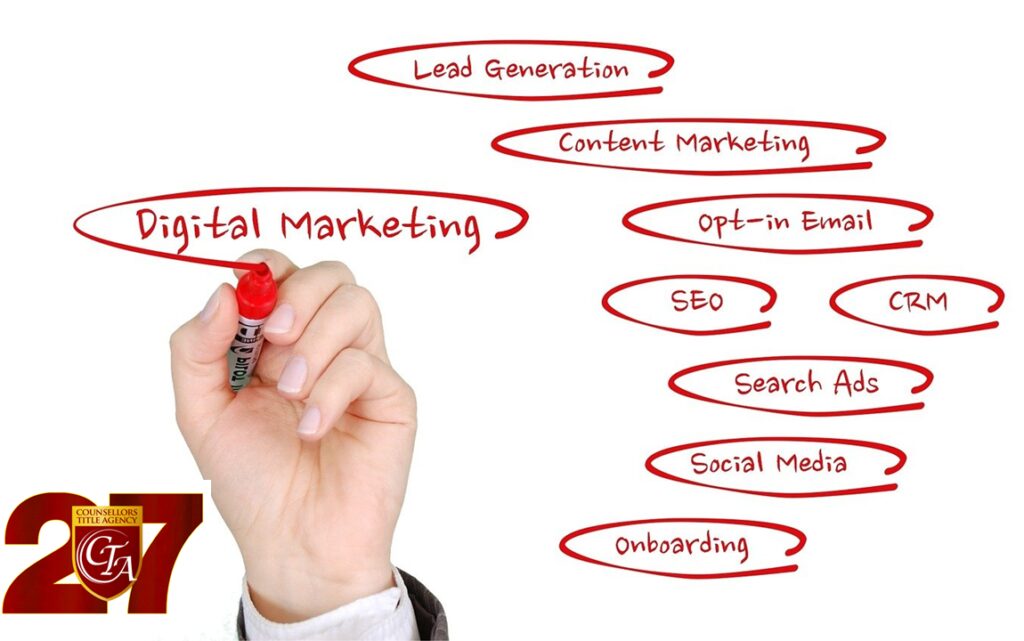 Hand writing digital marketing and related terms on a transparent board.