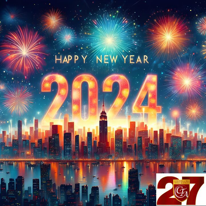 2024 New Year celebration with fireworks over a city skyline.