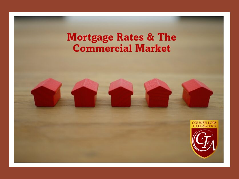 Miniature red houses with text about mortgage rates and commercial market.