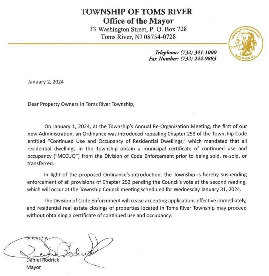 Official letter from Township of Toms River regarding COVID-19 updates.