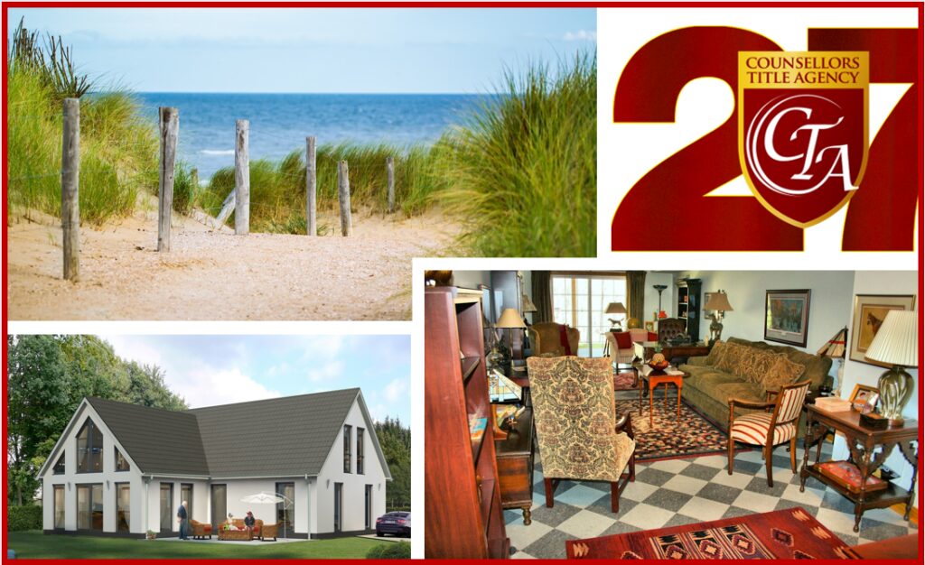 Coastal home exterior, cozy interior, and beach pathway.
