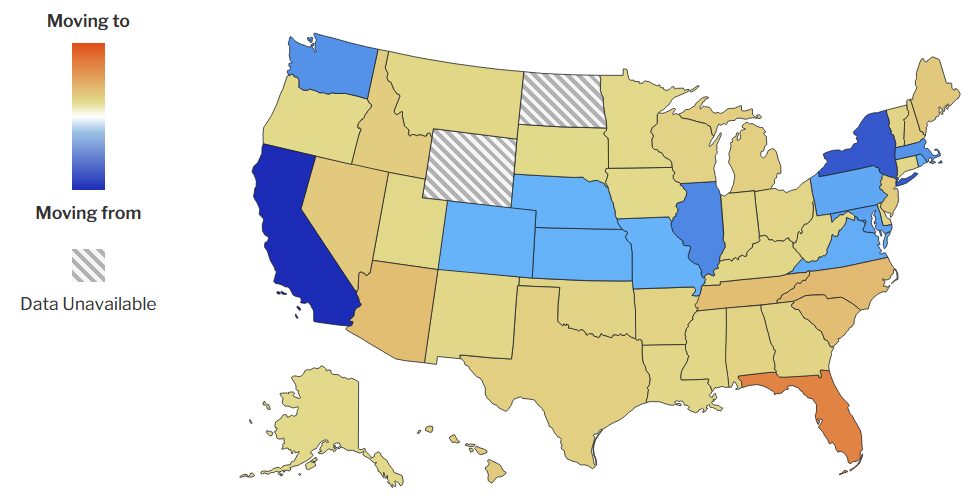 A color-coded US map highlighting states in blue, tan, and striped patterns.