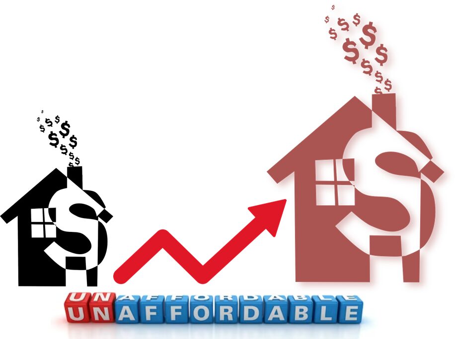 Illustration showing rising house prices making homes unaffordable.