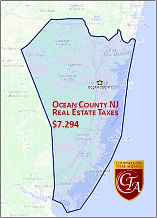 Map showing Ocean County, NJ real estate taxes of $7,294.
