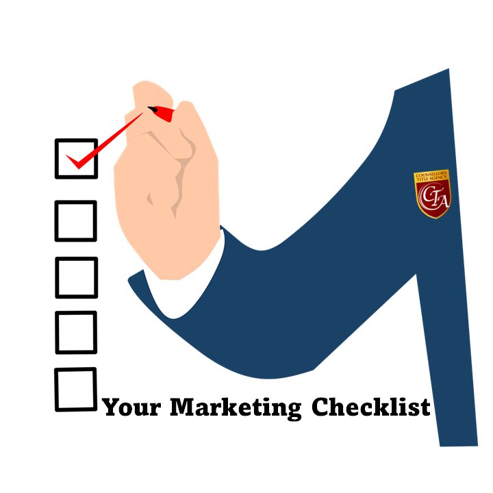 A hand marking a checklist titled 'Your Marketing Checklist'.