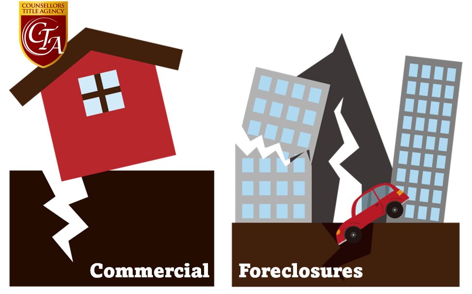Illustration showing commercial and foreclosure properties with damage and imbalance.