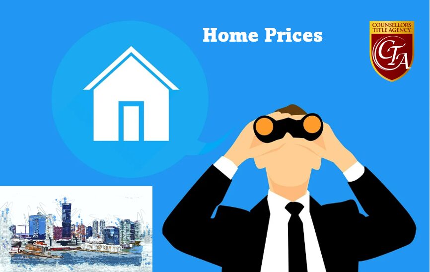 A businessman observing home prices with binoculars and a house icon.