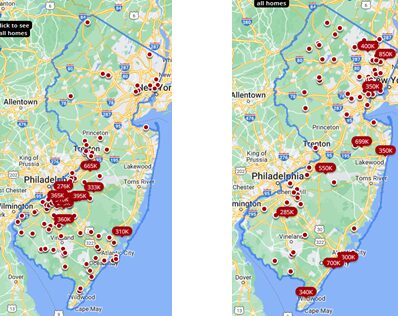 Map comparing COVID-19 cases in New Jersey and Pennsylvania regions.
