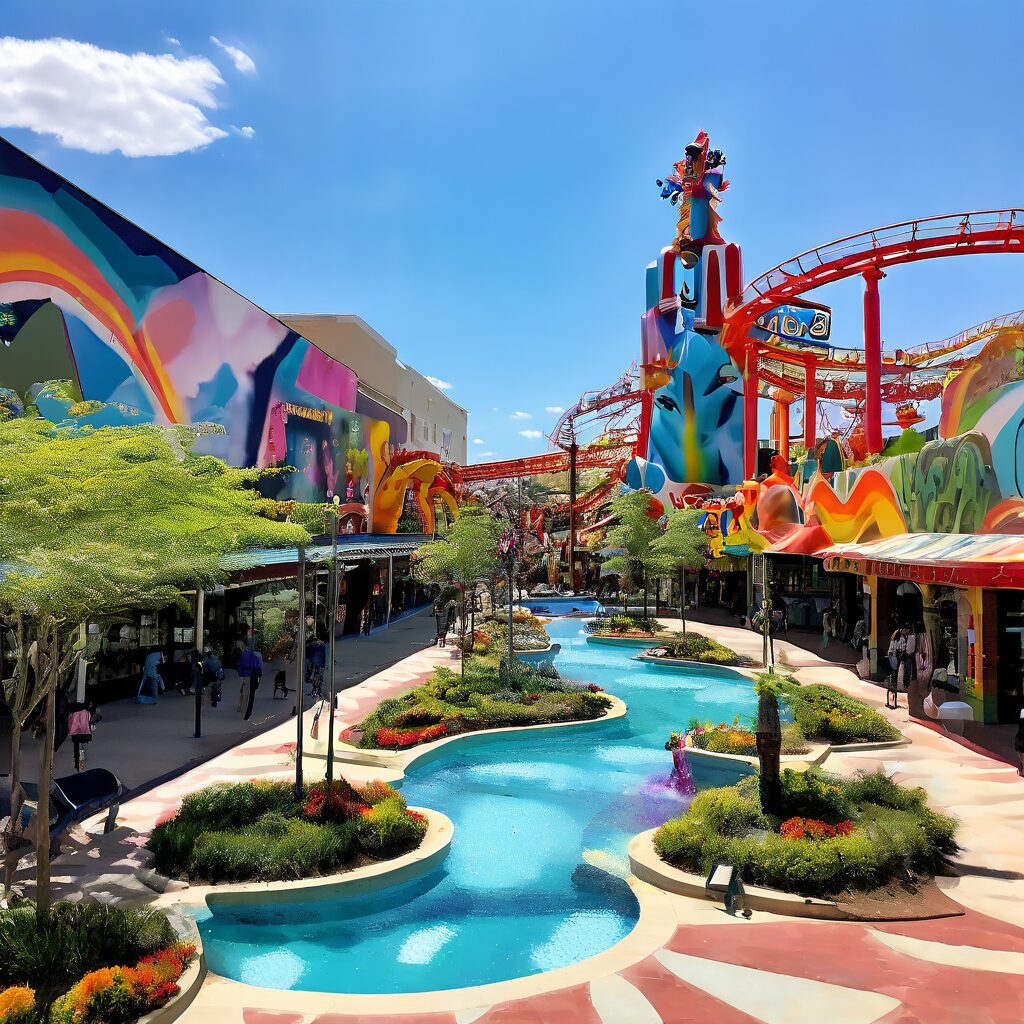Colorful amusement park with roller coaster and water features under blue sky.