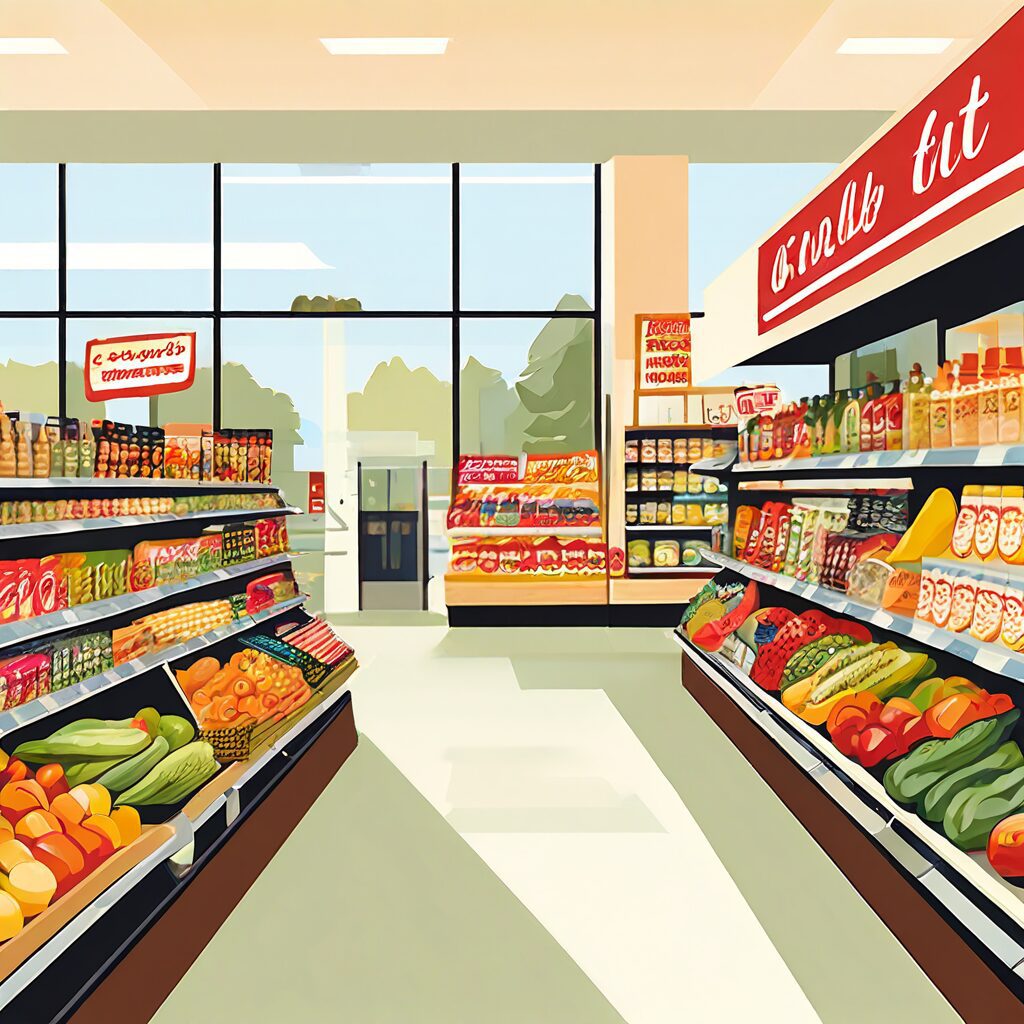 Bright, organized grocery store aisle filled with fresh produce and packaged goods.