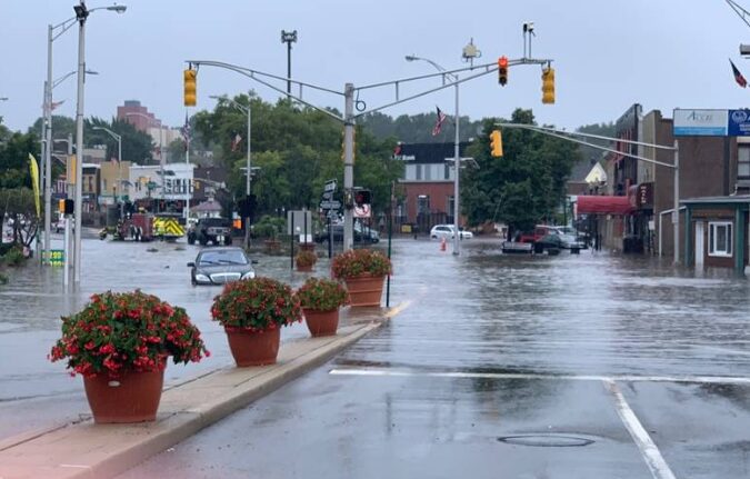 Wet city street with traffic lights and potted plants on a rainy day.